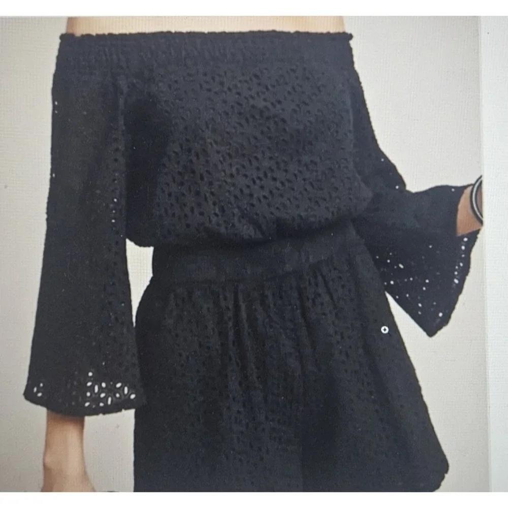 CHLOE Oliver Anthropologie 3/4 sleeves off the shoulder eyelet romper black 8